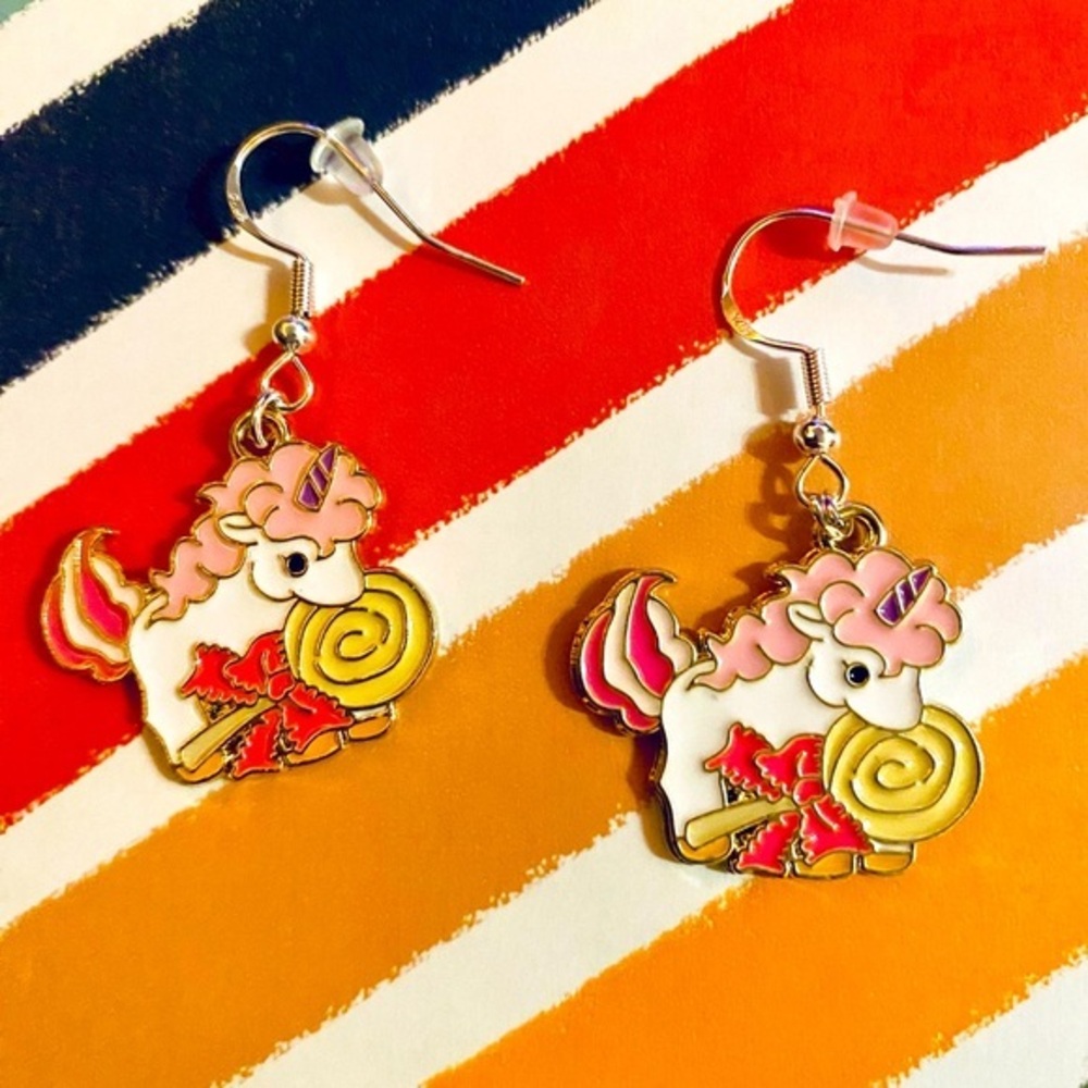NWT - Pastel Colorful Unicorn with a lollipop single sided dangle earrings set
